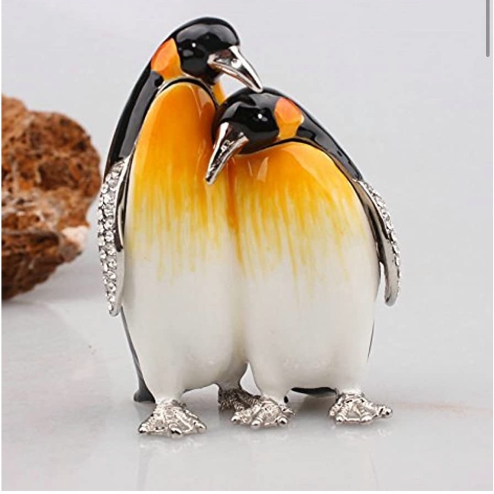 Elegant Penguin Couple Enamel Ornament in Black, White & Yellow